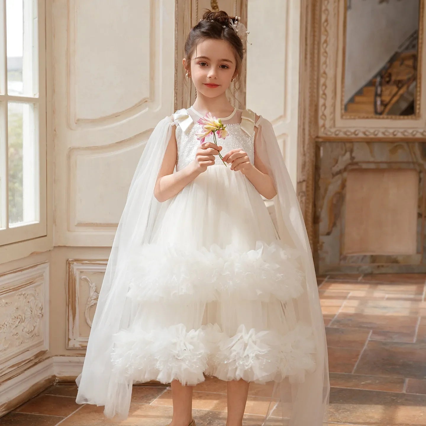 Sweet Baby Girls 2026 Summer New High-end Tulle Sequin Formal Princess Gown Kids Performance White Tulle Birthday Party Dress