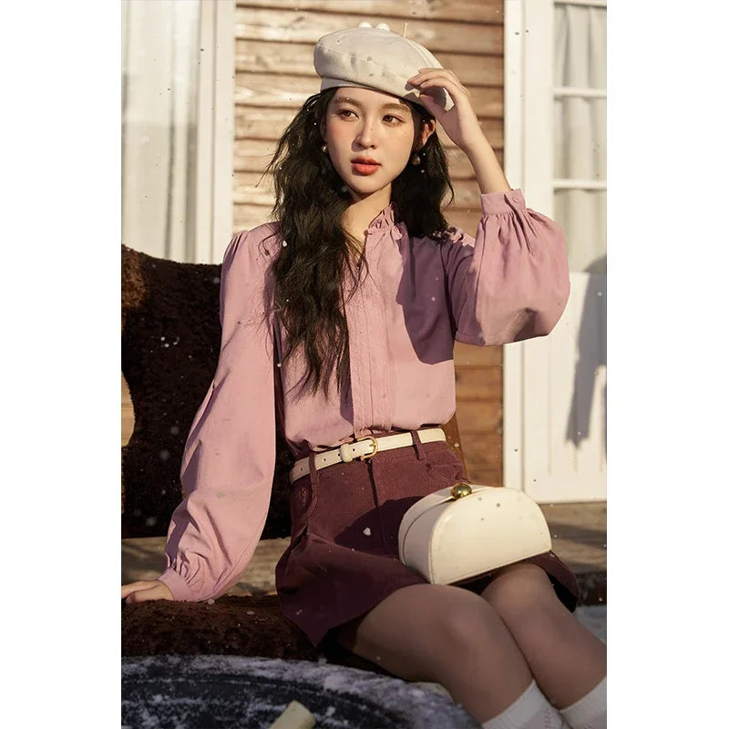 French Autumn Winter Button Up Lantern Long Sleeve Shirts Women Ruffle Neck Thick Warm Blouse Flannel Shirt MXC56X1320