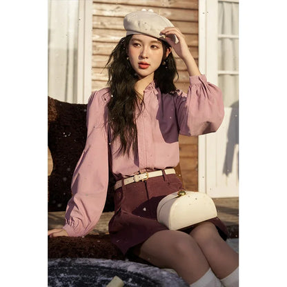 French Autumn Winter Button Up Lantern Long Sleeve Shirts Women Ruffle Neck Thick Warm Blouse Flannel Shirt MXC56X1320
