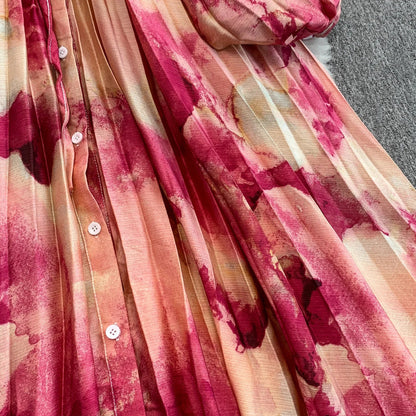 Ele Printed round Ne Lantern Sve Dr Women's Single Button Waist Cinch Maxi Skirt Long Dr Commute Sle Autumn
