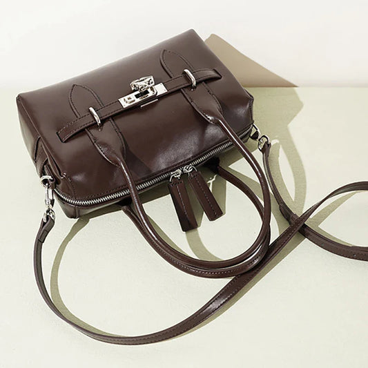 2025 Fall Winter New Top Grain Leather Spacious Boston Bag Lock Design Single Shoulder Crossbody Pack Women Commuting Handbag