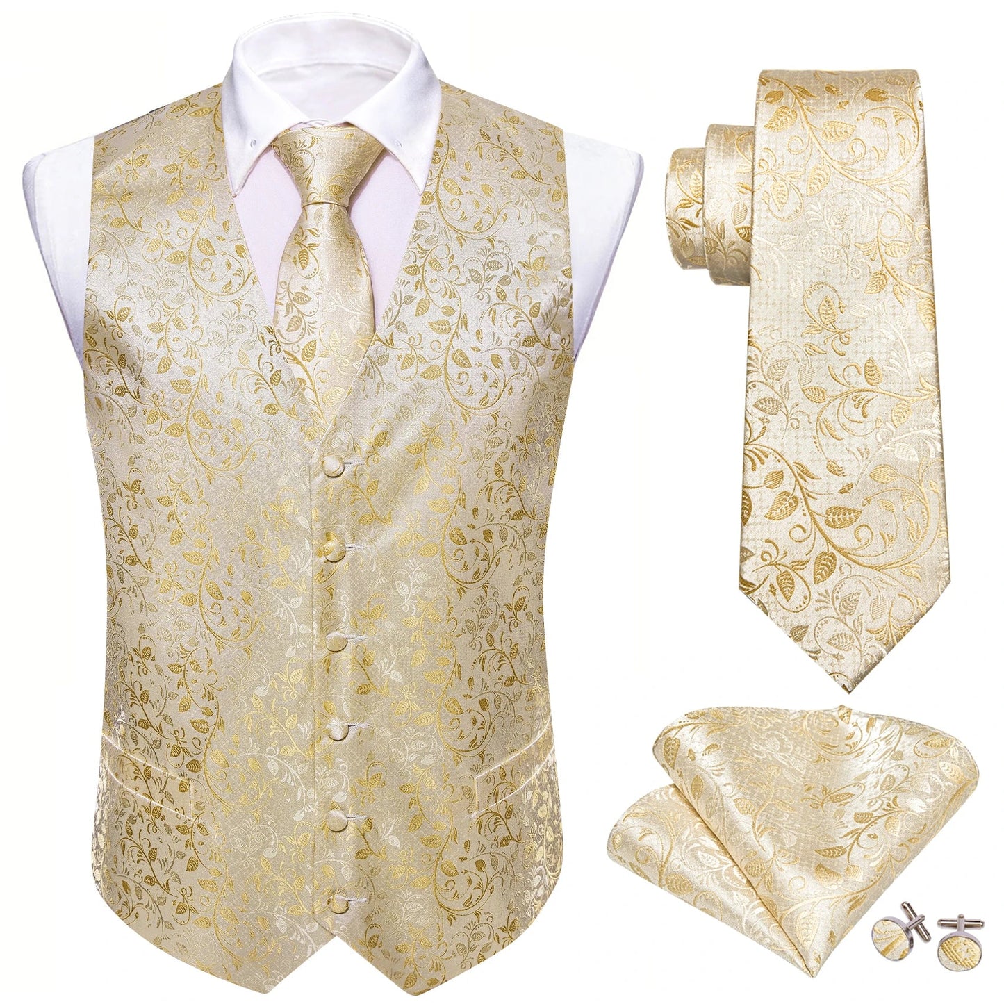 100 Colors Men Vest Tie Hanky Cufflinks Set Waistcoat Paisley Floral Jacquard Sleeveless Jacket Wedding Business