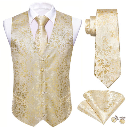 100 Colors Men Vest Tie Hanky Cufflinks Set Waistcoat Paisley Floral Jacquard Sleeveless Jacket Wedding Business