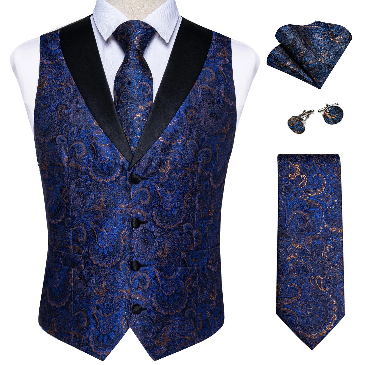 Men's Paisley  Suit Vest with Macthing Golden Paisley Neck Tie Handkerchief Cufflinks Wedding Prom Tuxedo Waistcoat