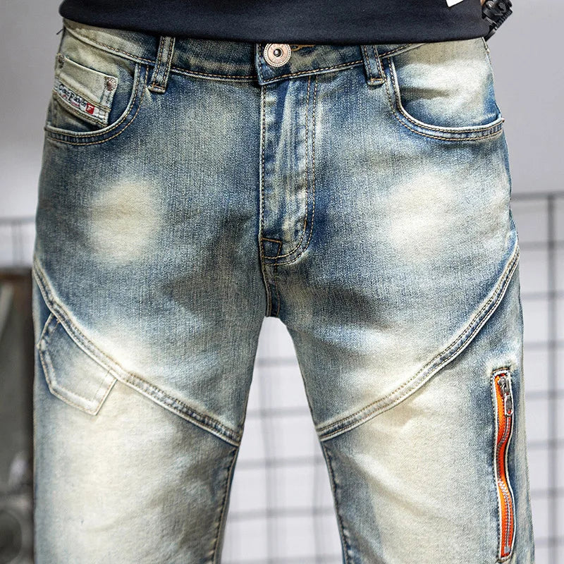 Summer Men's Denim Shorts Retro Motorcycle Elastic Cotton Fashion Knee Length Short Jeans Zipper Hip Hop Rock Streetwear