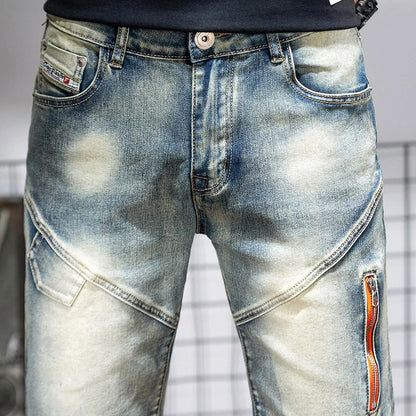 Summer Men's Denim Shorts Retro Motorcycle Elastic Cotton Fashion Knee Length Short Jeans Zipper Hip Hop Rock Streetwear