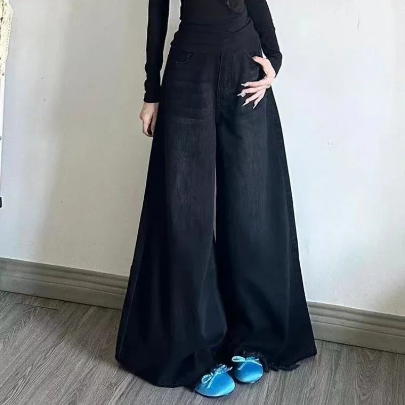 Wide Leg Jeans Women Denim Pants Vintage Straight Trousers Autumn Spring Fashion Female Black Casual Jeans Wide Leg Pants