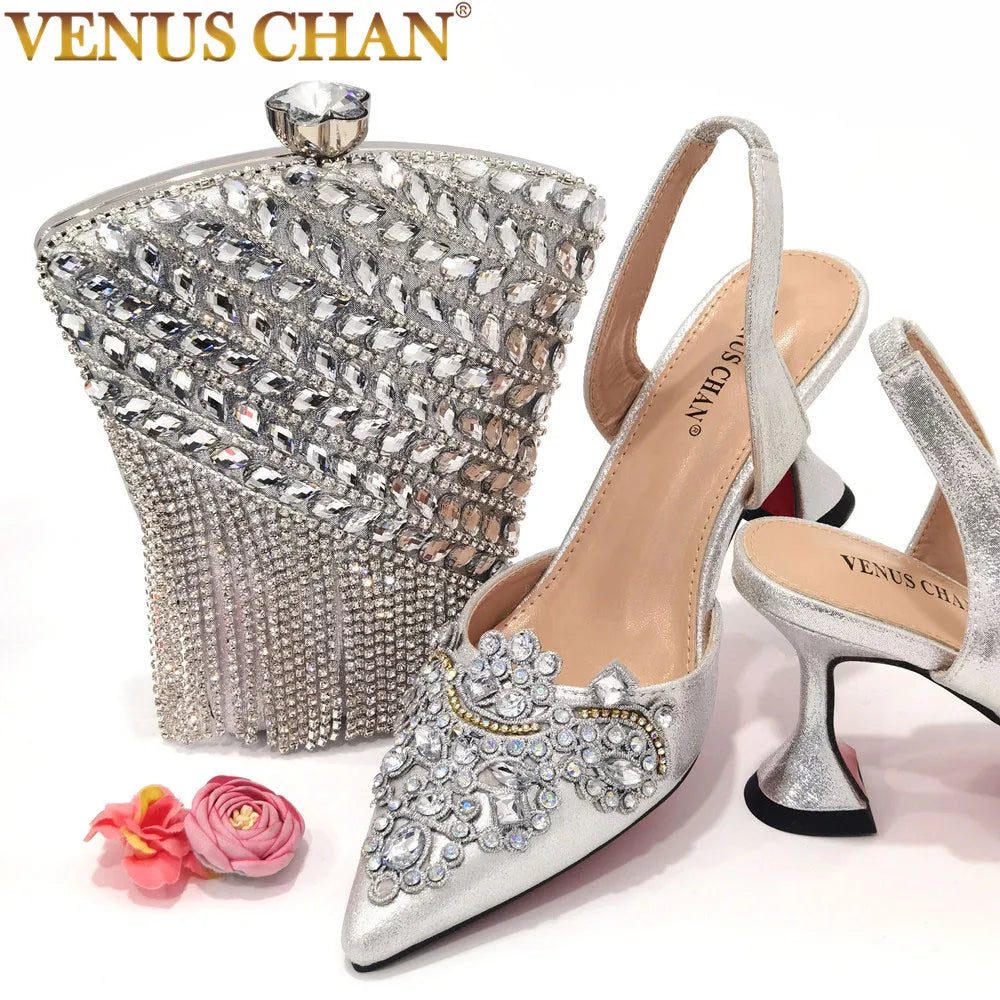 2023 New Fashion Simple And Versatile Silver Pointed Toe High Heels Comfortable To Wear Party Ladies Shoes And Bag