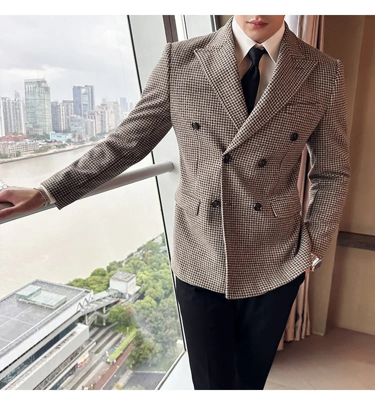 British Style Men Double Breasted Slim Fit Blazer 2024 New Houndstooth Slim Fit Suit Jacket Formal Business Wedding Dress Jacket