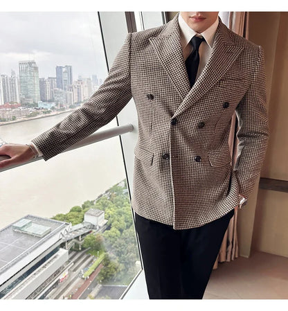 British Style Men Double Breasted Slim Fit Blazer 2024 New Houndstooth Slim Fit Suit Jacket Formal Business Wedding Dress Jacket
