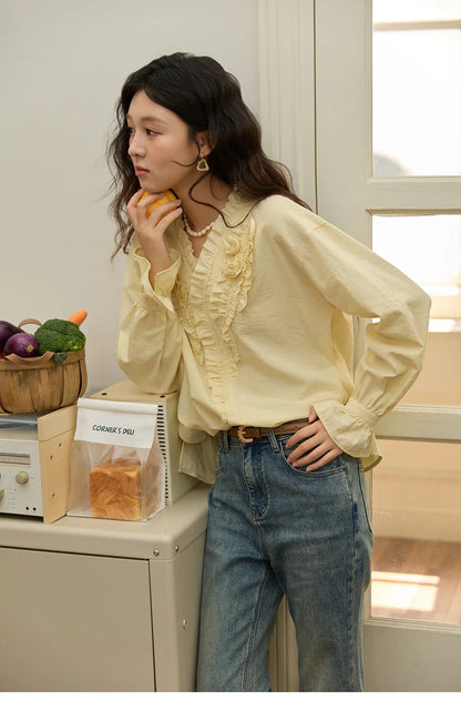 Hand Sewn Rose Blouse for Women Autumn 2025 V-neck  Edible Tree Fungus Edge Tops Sweet Lantern Sleeves Blouses MXE44X2470