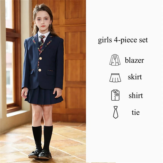 Navy Children's Fashionable Suit Set 4 Pieces Stage Performance Wear Formal Classic School Uniform For Boys And Girls