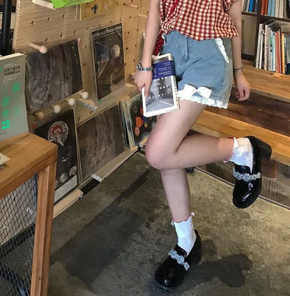 Kawaii Bow Denim Shorts Women Japanese Lace Patchwork Baggy Jean Shorts Summer Y2K Harajuku High Waist Wide Leg Short Pants New