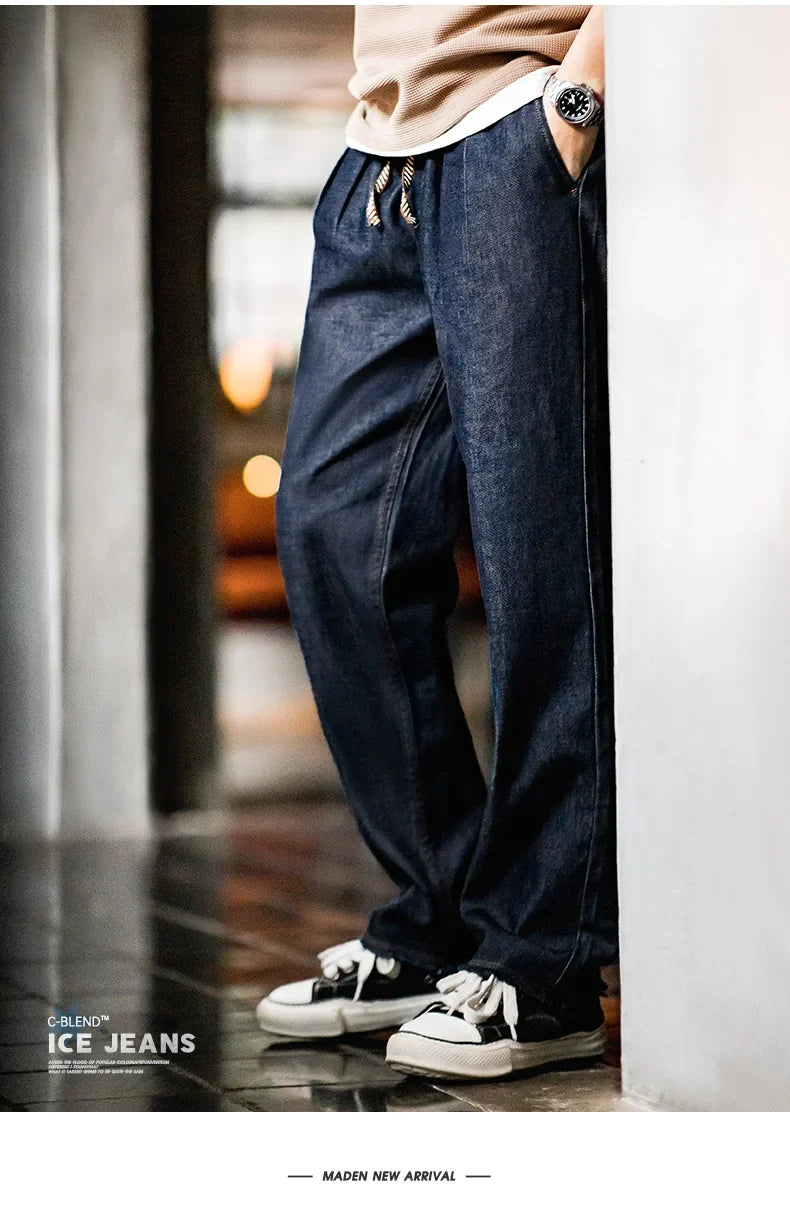 Autumn Casual Jeans for Men Washed Double Pleated Baggy Straight Denim Trousers Mid-rise Zipper Wear-resistant Jeans