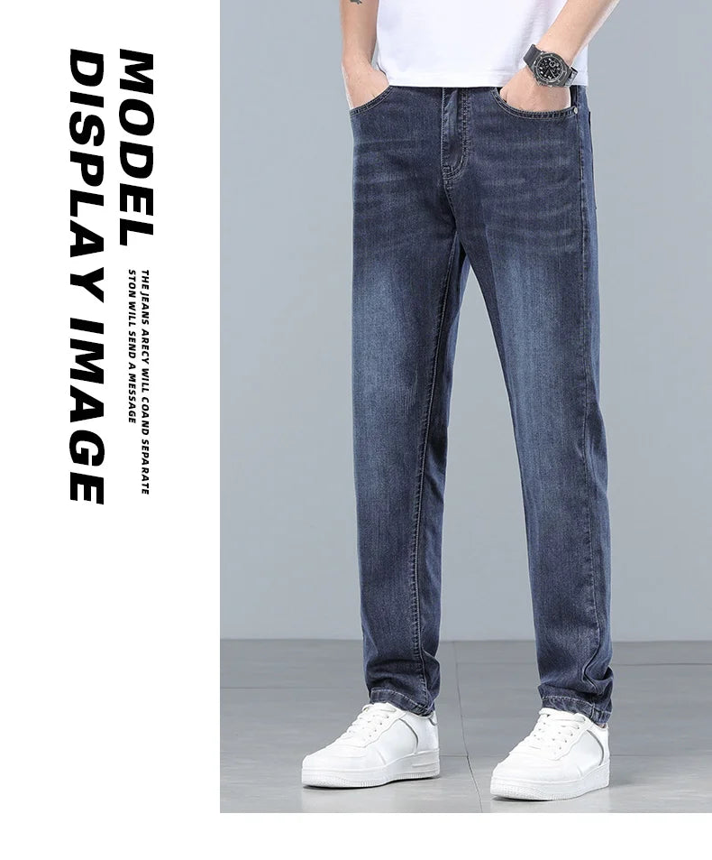  Brand Clothing Spring Summer Slim Men's Jeans Casual Breathable Cotton Fabric Stretch Denim Pants Blue Trousers Male Plus Size