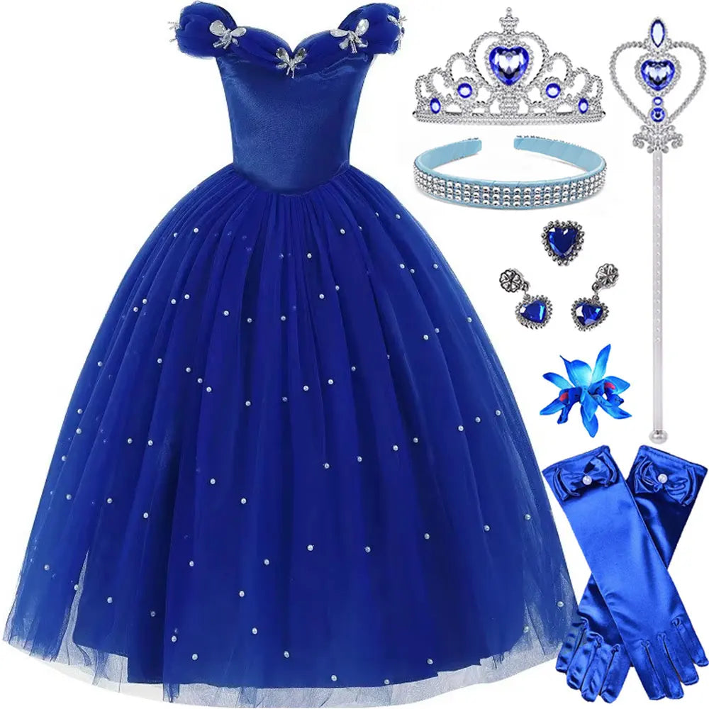 Cinderella Princess Same Cosplay Style Dark Blue Girl Luxury Dress Off-Shoulder Puff Skirt Christmas Party Gift Dress Set