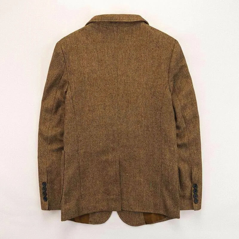 Retro British Tweed Men's Woolen Outwear Brown Wool Tweed Suit Herringbone Pattern Autumn and Winter Slim Fit Suit