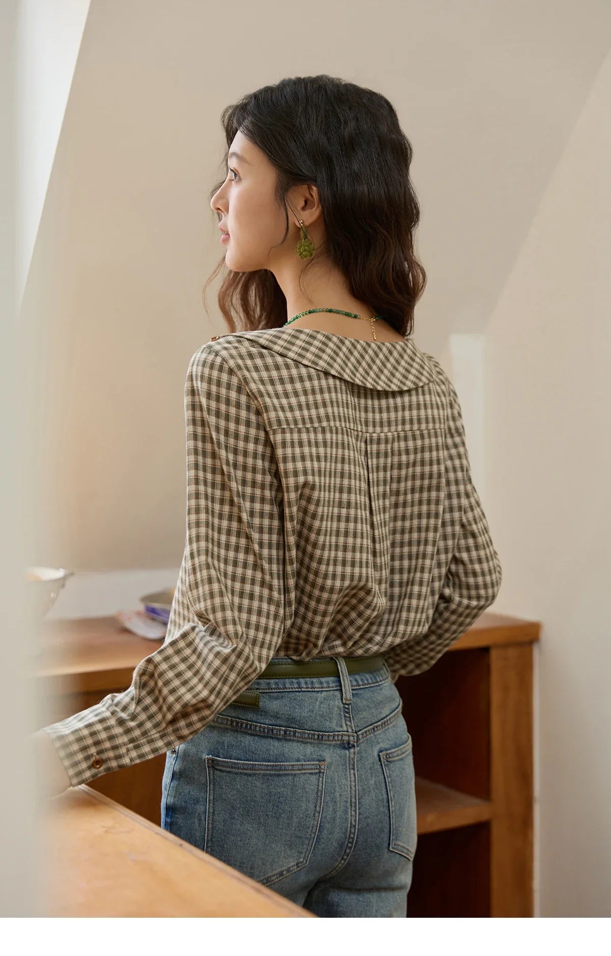 Women's Casual Shirts Cotton Autumn Side Slit Pockets Plaid Shirts Commute  Elegant Chic Woman Top with Belt MXE44X2469