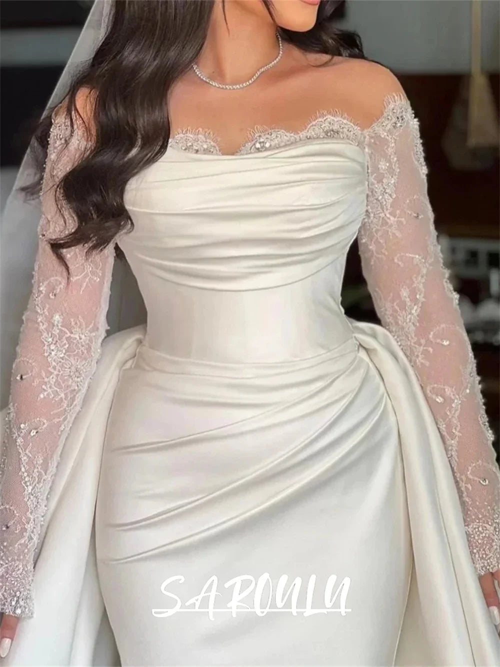 Elegant Satin Mermaid Wedding Dress with Off Shoulder Full Sleeves Long Maxi Plus Size Bride Dresses Customized Bridal Gown