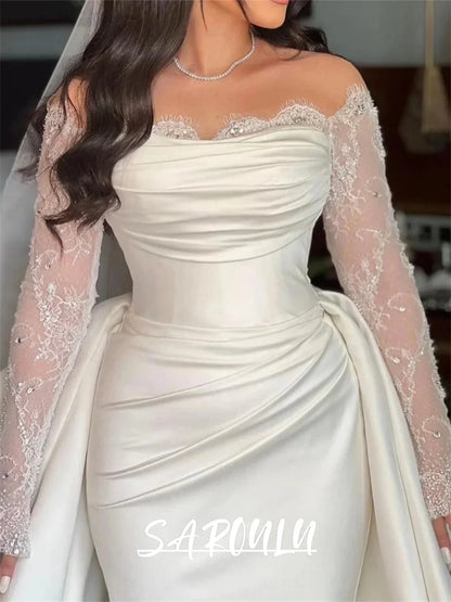 Elegant Satin Mermaid Wedding Dress with Off Shoulder Full Sleeves Long Maxi Plus Size Bride Dresses Customized Bridal Gown