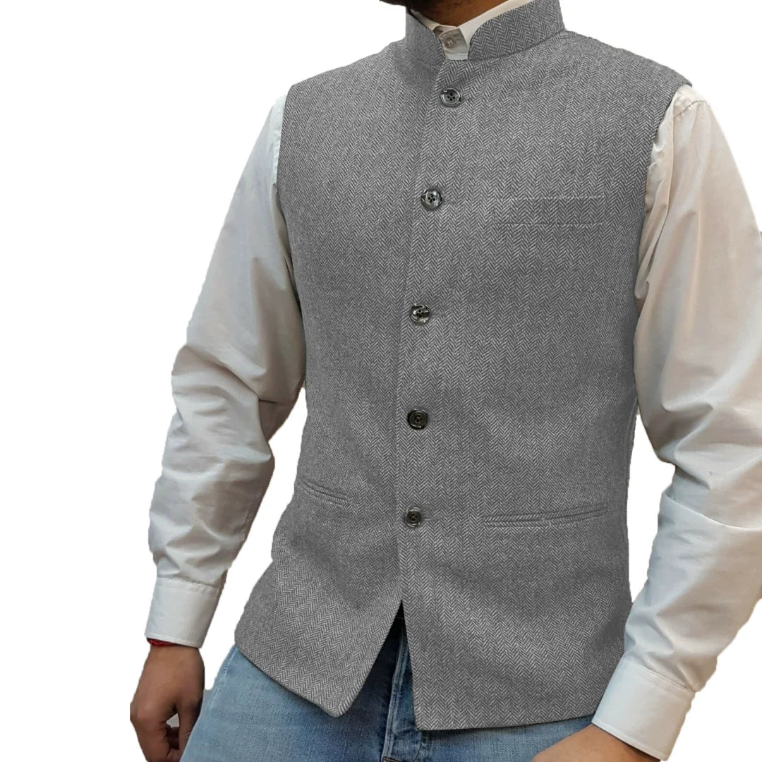 Men Vest Gray Herringbone Height Collar Single Button Waistcoat For Wedding Party Business Work Daily Casual Men Suit Vest