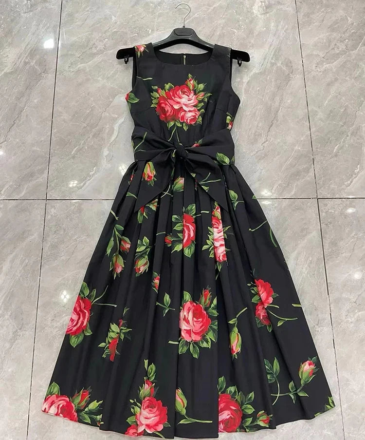 2026 Spring Women's New Fashion Round Neck Sleeveless Cotton Printed Tie a belt Waist cinching Dress