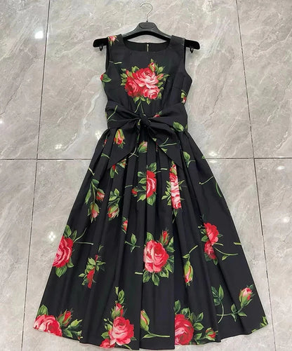2026 Spring Women's New Fashion Round Neck Sleeveless Cotton Printed Tie a belt Waist cinching Dress