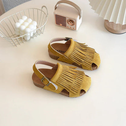 Summer Anti-Slippery Kids Suede Sandals for Girls Non-Slip Closed Toe Toddler Beach Shoes with Cute Tassels School Casual Wear