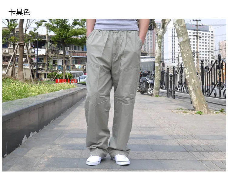 Spring Men cargo cotton pants pocket large size big 8XL 10XL 9XL 140KG loose out door casual safari style pants black 46 48 50