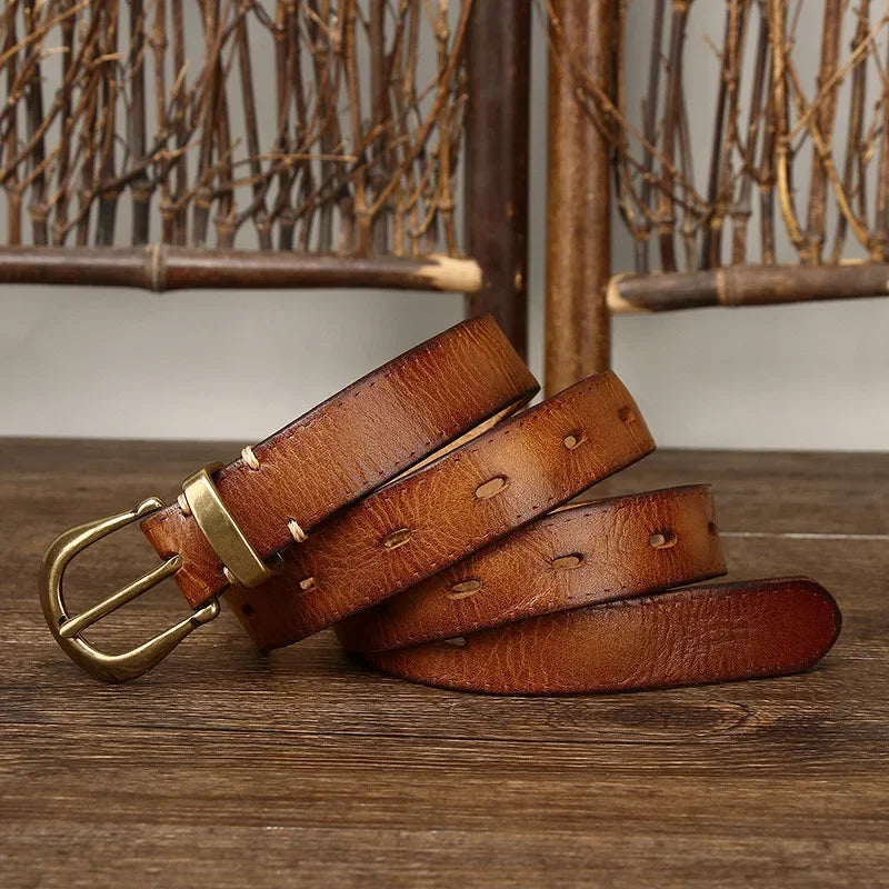 2.3CM Pure Cowhide High Quality Genuine Leather Belts for Women Copper Buckle Fancy Vintage Ladies Thin Belt Jeans Cowboy Cintos