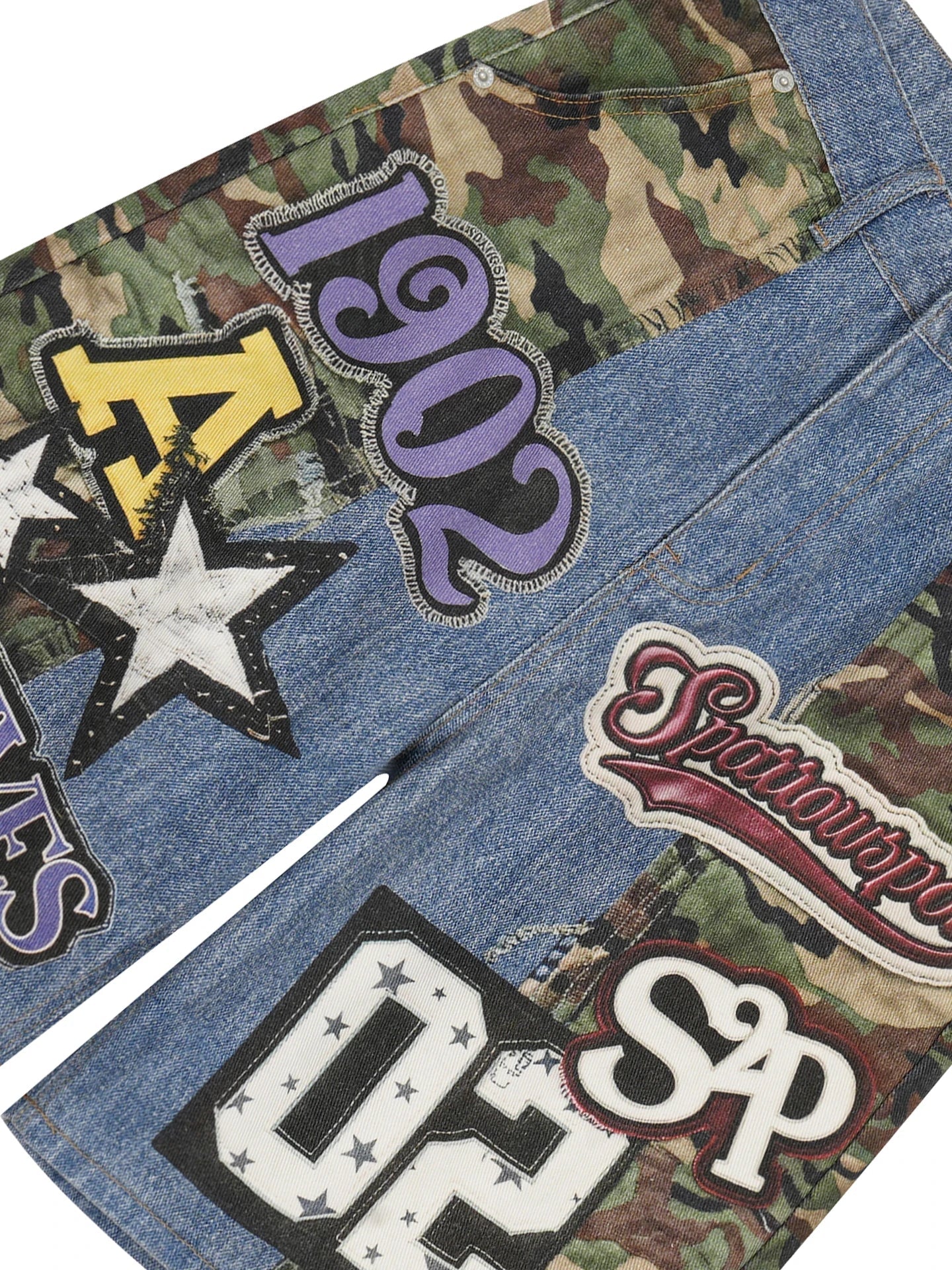 Hip Hop Camouflage Letter Embroidery Loose Fit Five Pocket Mens Streetwear Short Pants Cotton Denim Patchwork Women Shorts