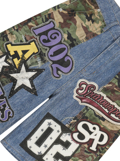 Hip Hop Camouflage Letter Embroidery Loose Fit Five Pocket Mens Streetwear Short Pants Cotton Denim Patchwork Women Shorts