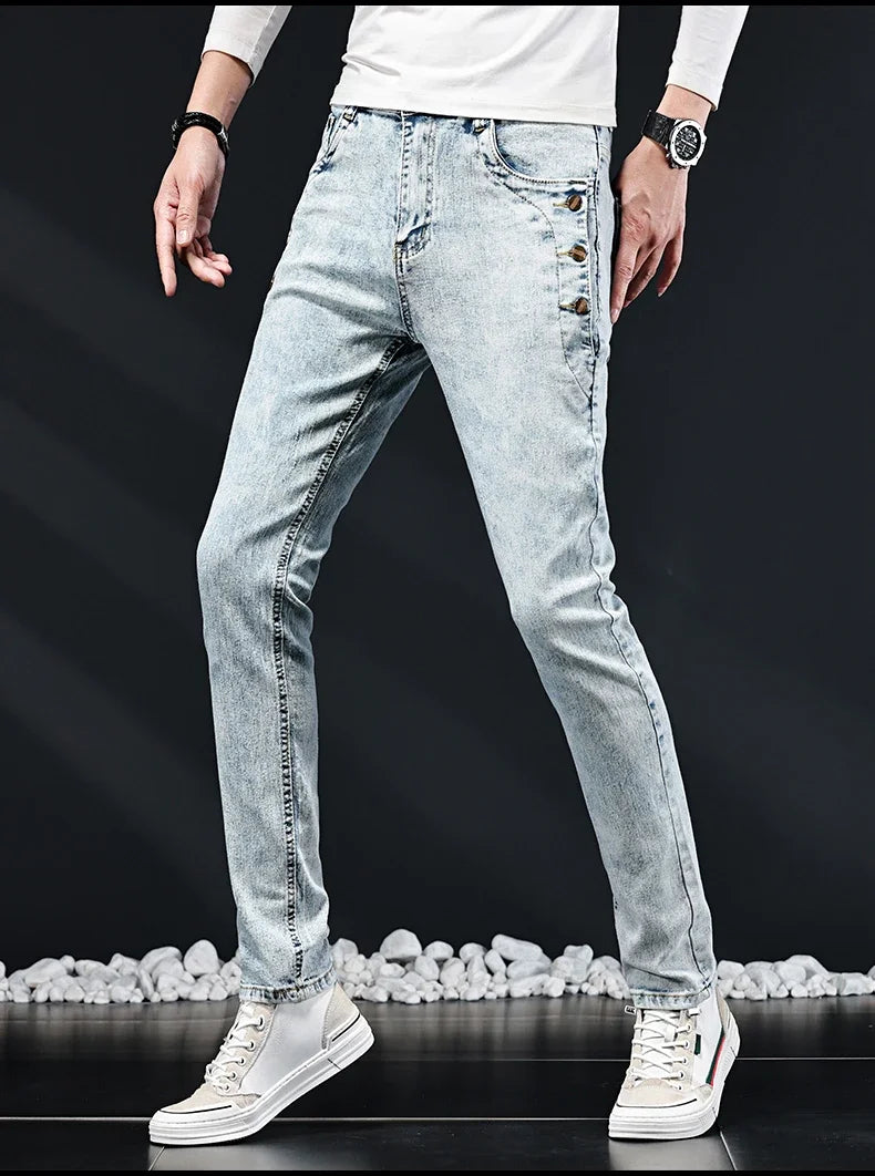 Slim Skinny Jeans Men New Elastic Korean Design Fashion Multi-Button Blue White Vintage Wash Cotton Stretch Denim Pants Trousers