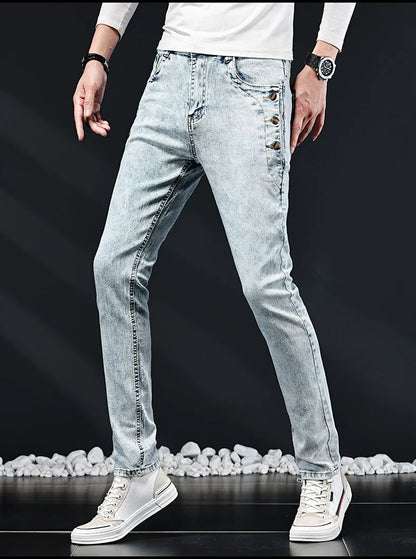 Slim Skinny Jeans Men New Elastic Korean Design Fashion Multi-Button Blue White Vintage Wash Cotton Stretch Denim Pants Trousers
