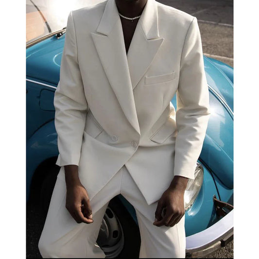 Summer White Men Suits Two Piece Elegant Peak Lapel Solid Office Casual Outfits Wedding Party Costume Made Male Suit Slim