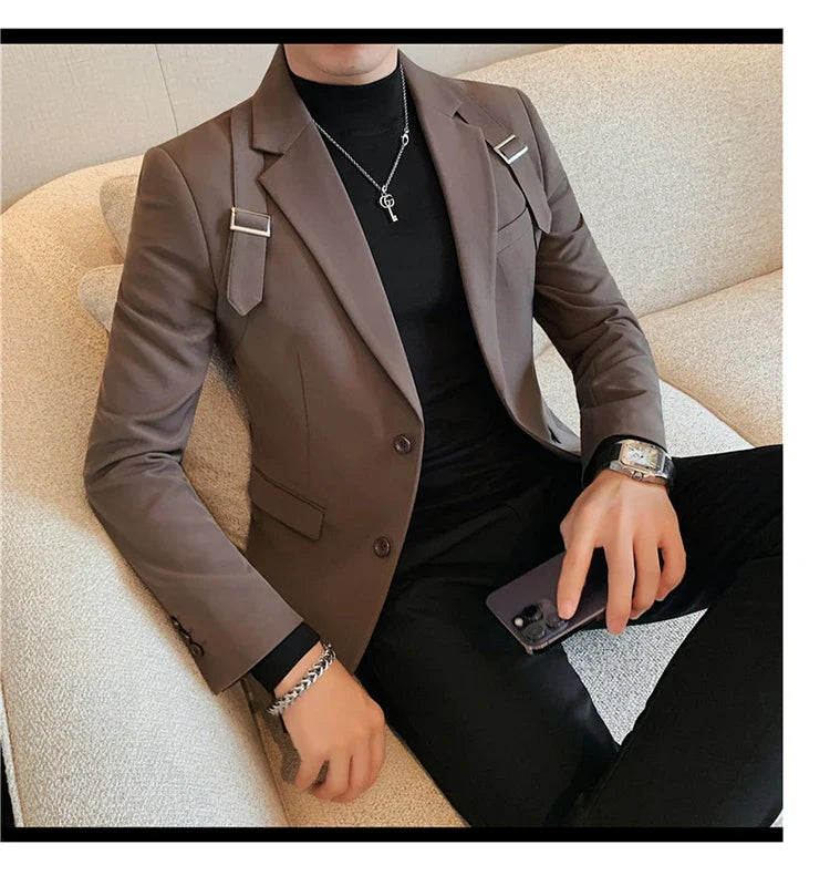 2024 Autumn Winter New Strap Decoration Suit Jacket for Men Fashion Slim Casual Business Blazers Groom Wedding Social Tailcoat