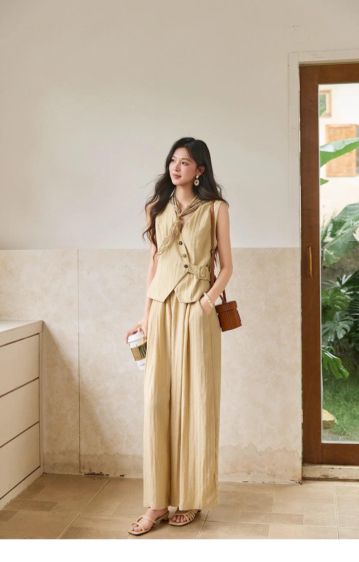 Women's Sleeveless V Neck Vest 2026 Summer Asymmetric Button Belted Waist Slim Solid Waistcoat Office Lady MXF27W1076