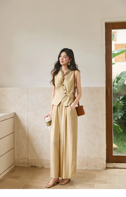 Women's Sleeveless V Neck Vest 2026 Summer Asymmetric Button Belted Waist Slim Solid Waistcoat Office Lady MXF27W1076