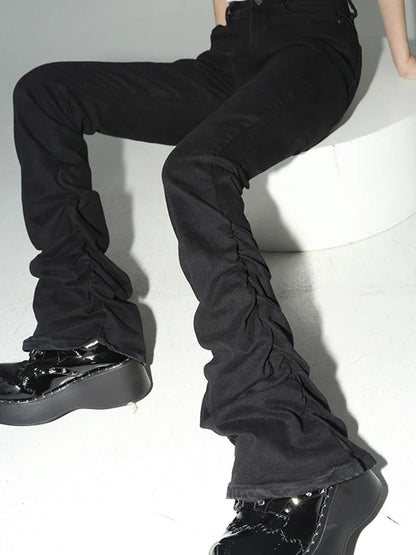Stacked Flare Jeans Women Black Trousers Goth Retro Solid Stretch High Rise Boot Cut Pants Japanese Korean Y2k Fashion