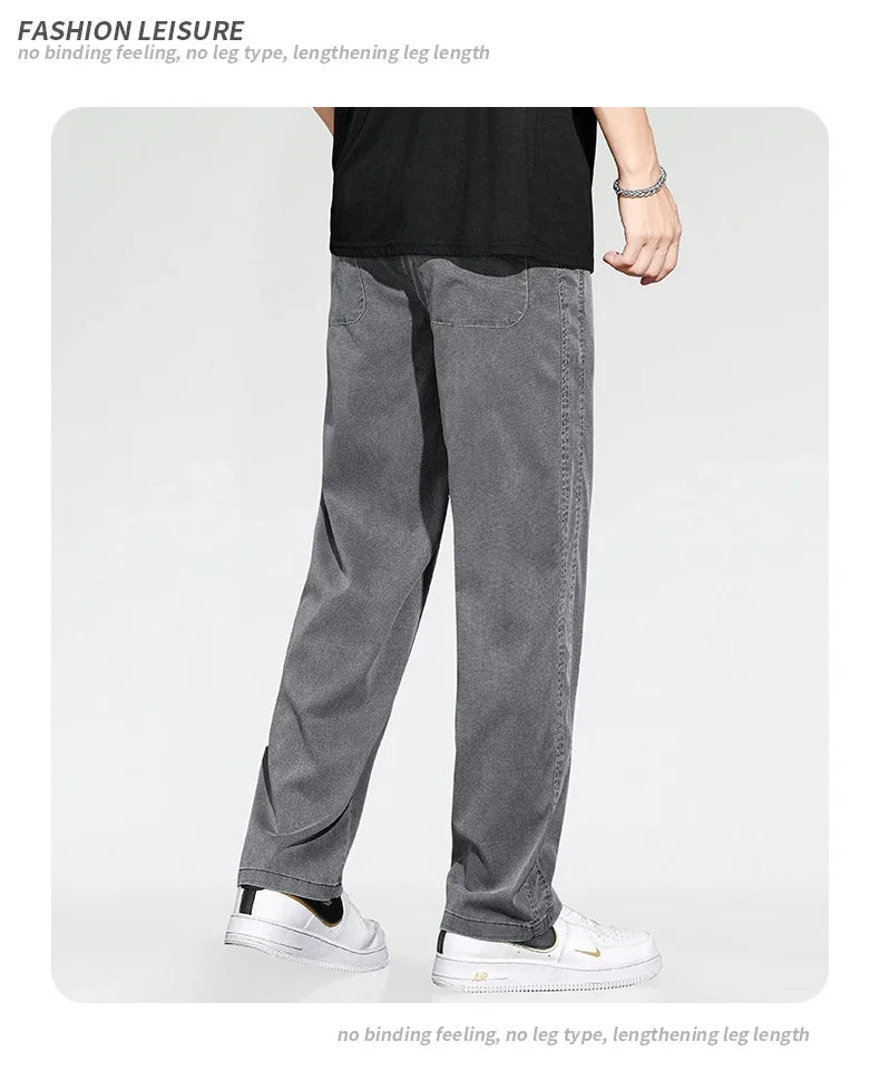 Summer Thin Loose Wide-leg Men Jeans Soft Lyocell Elastic Fashion Casual Straight Drawstring Denim Trousers Black Blue Gray