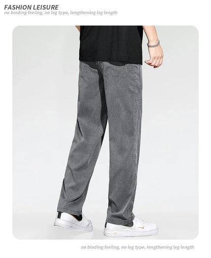 Summer Thin Loose Wide-leg Men Jeans Soft Lyocell Elastic Fashion Casual Straight Drawstring Denim Trousers Black Blue Gray