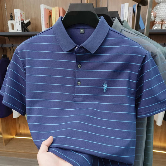 2026 New Summer Pure Cotton Short Sleeved Business Polo Shirt Men's Lapel Breathable Casual Versatile Top Striped T-shirt