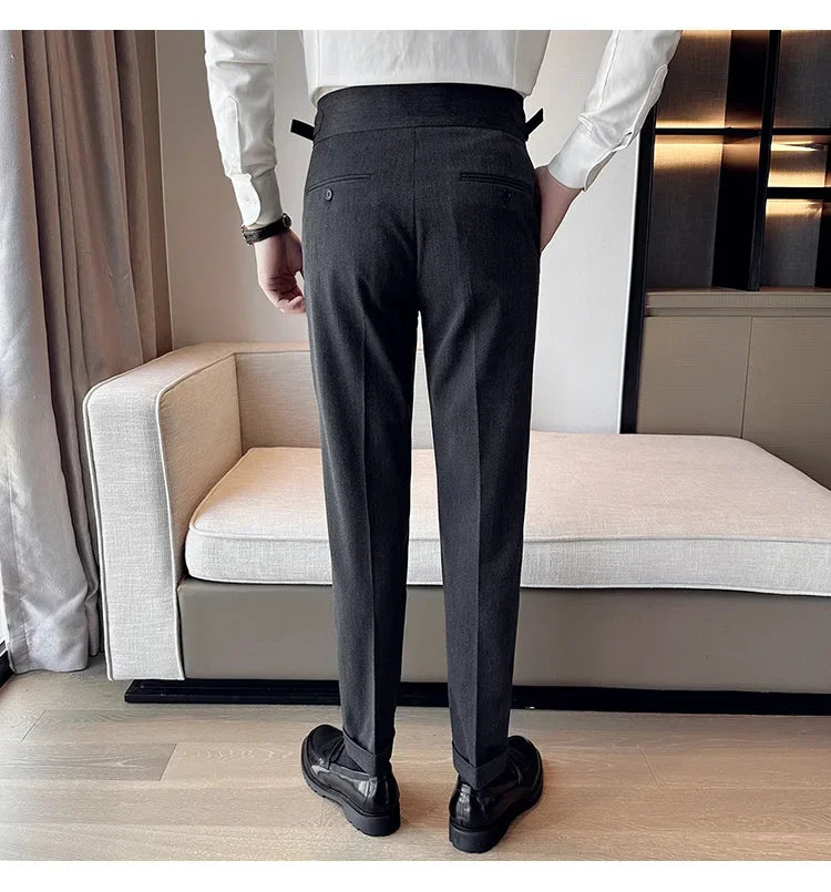 Autumn Winter High Waist Business Dress Pants Men Casual Belt Design Slim Suit Pants Formal Wedding Social Party Male Trousers