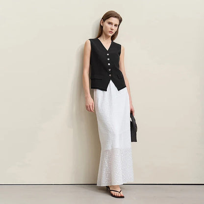 V-Neck Women's Vest Top 2026 Summer New Single Breasted Chiffon Patchwork Hem Sleeveless Blouse Casual Short Tank 12622042