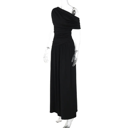 One Shoulder Ruched Sleeveless Solid Pleated Sexy Irregular Y2K Maxi Dress Summer Elegant Party Women Clothes Vacation