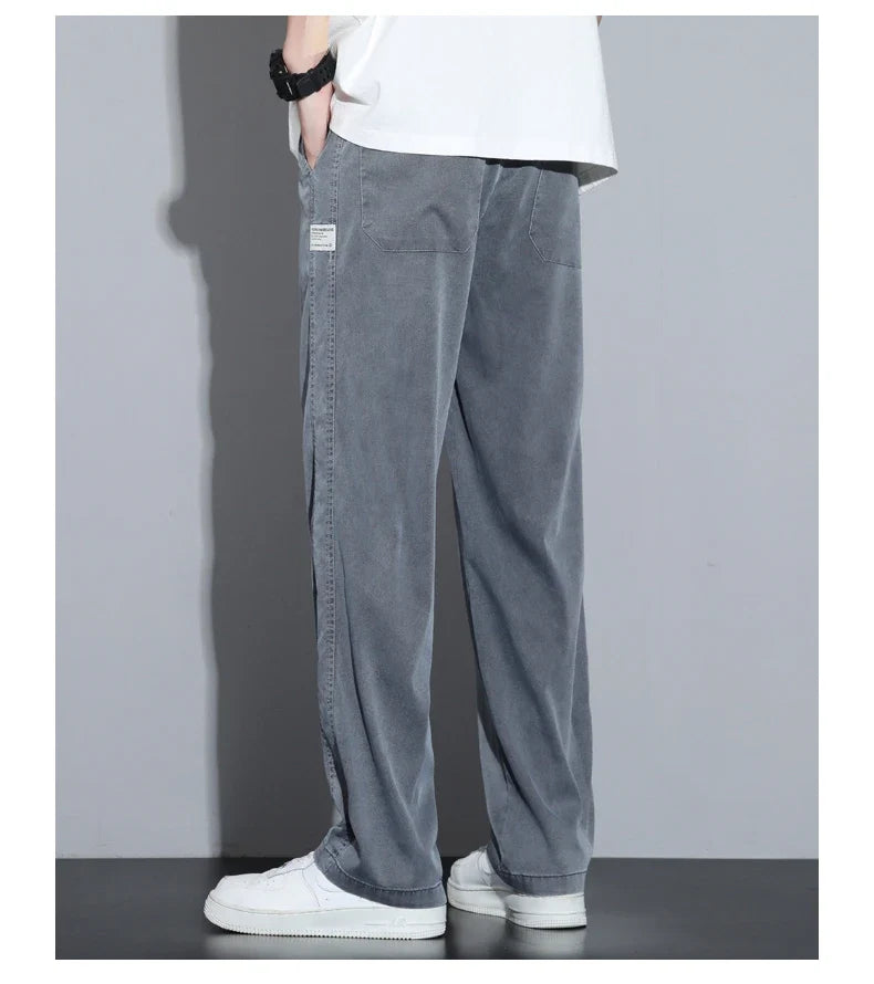 Summer Soft Lyocell Fabric Men's Jeans Thin Loose Straight Pants Drawstring Elastic Waist Korea Casual Trousers Plus Size M-5XL