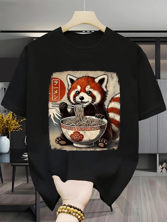 Cute Red Panda Eating Ramen T Shirt Kawaii Animal Graphic Tee Japanese Food Print Summer Top Funny Casual Shirt For Women Men
