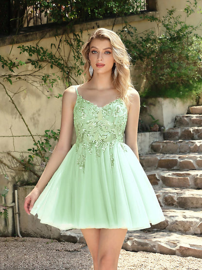 Sling Evening Dresses Sexy Spaghetti Straps V-Neck Illusion Sequins Appliques Prom Dress A-Line Train High Split Gowns