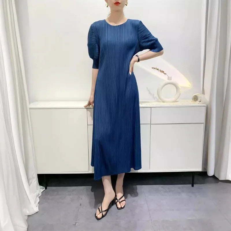 Miyake Pleated Dress 2024 Summer New Round Neck Loose and Comfortable A-line Short Sleeve Maix Dress