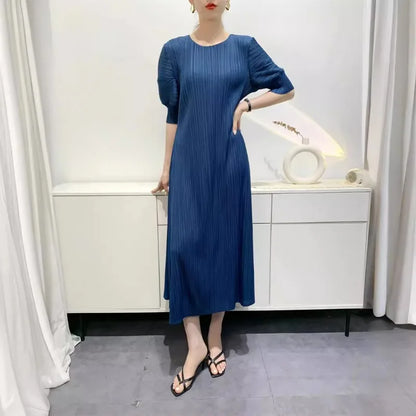Miyake Pleated Dress 2024 Summer New Round Neck Loose and Comfortable A-line Short Sleeve Maix Dress